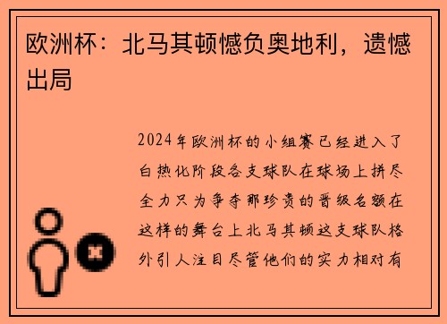 欧洲杯：北马其顿憾负奥地利，遗憾出局
