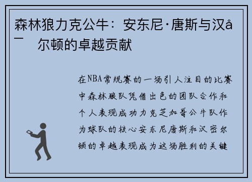 森林狼力克公牛：安东尼·唐斯与汉密尔顿的卓越贡献