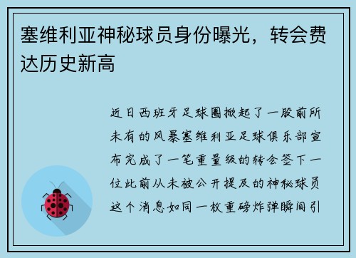 塞维利亚神秘球员身份曝光，转会费达历史新高